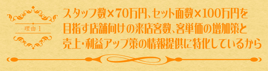 スタッフ数×70万円、セット面数×100万円を目指す店舗向けの来店客数、客単価の増加策と売上・利益アップ策の情報提供に特化しているから